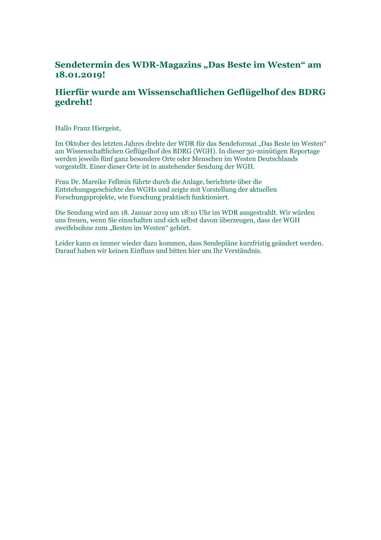 Sendetermin des WDR 01